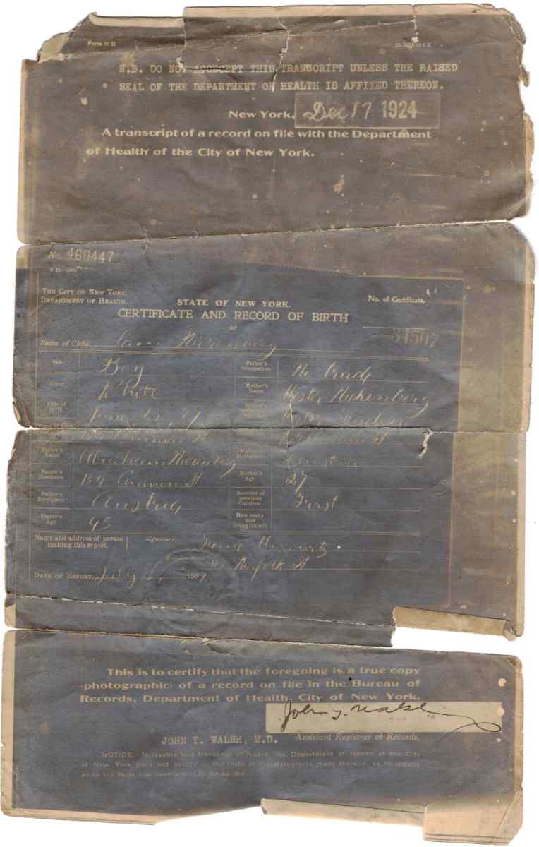 sam nirenberg birth certificate born 1907