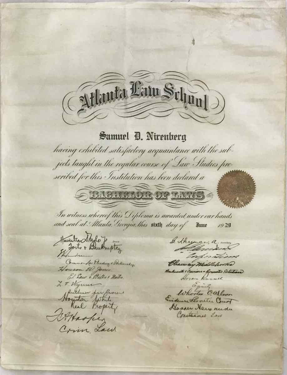 Sam Nirernberg's law school diploma from Atlanta Law School, 1929